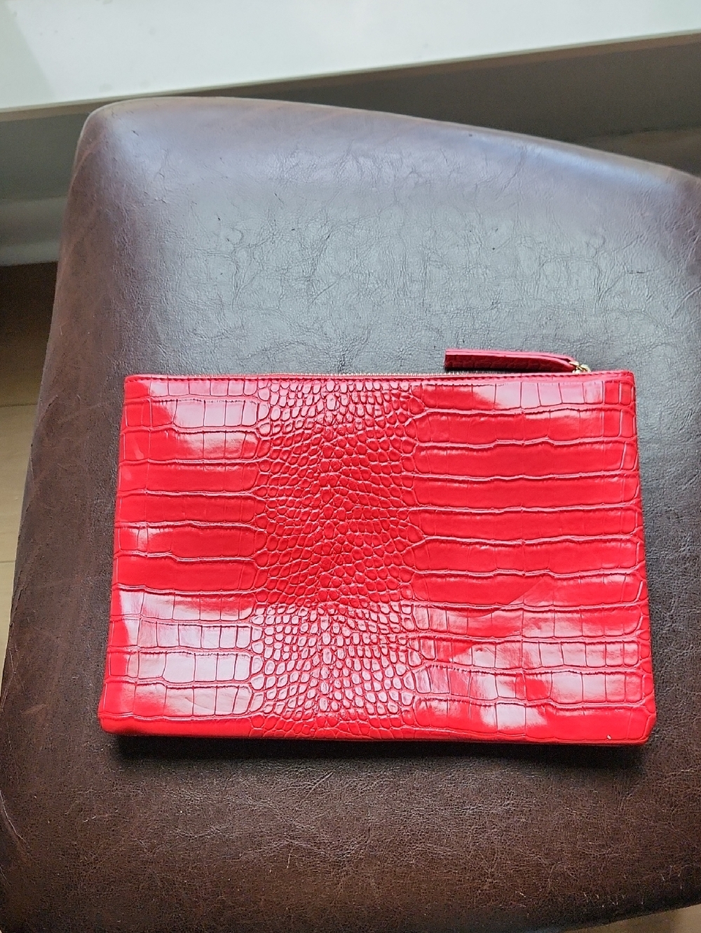 Red Croc-Embossed Leather Wristlet Clutch